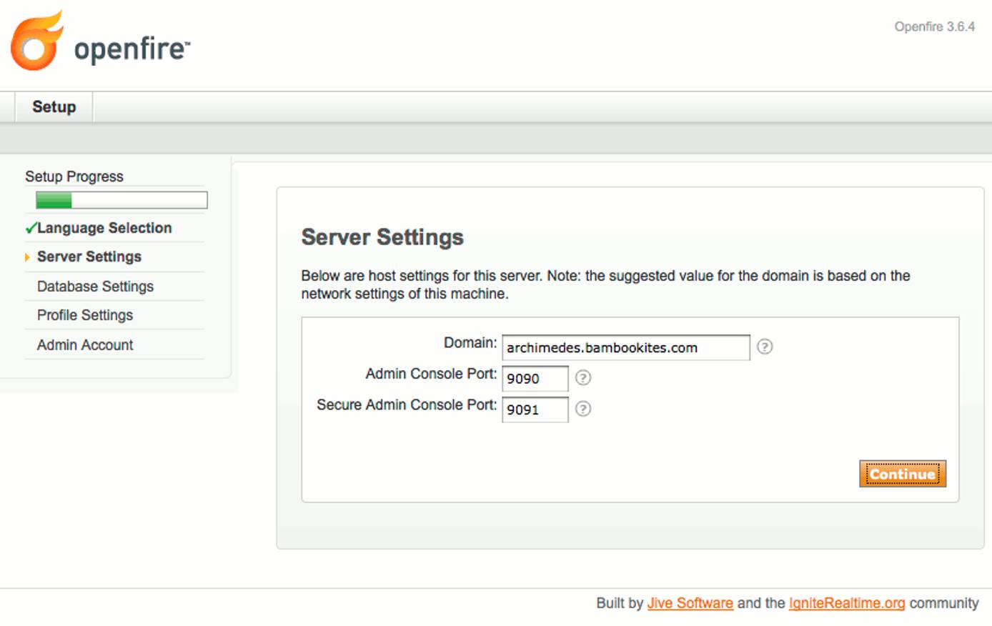 Domain and admin ports selection in Openfire setup on Ubuntu 10.04 (Lucid). Domain and admin ports selection in Openfire setup on Ubuntu 10.04 (Lucid).